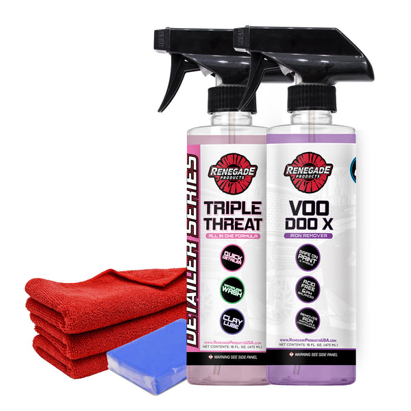 Renegade Paint Decon Kit including Voodoo X Iron Remover and Triple Threat quick detailer clay lube waterless wash, clay bar, and microfiber towels on a white background