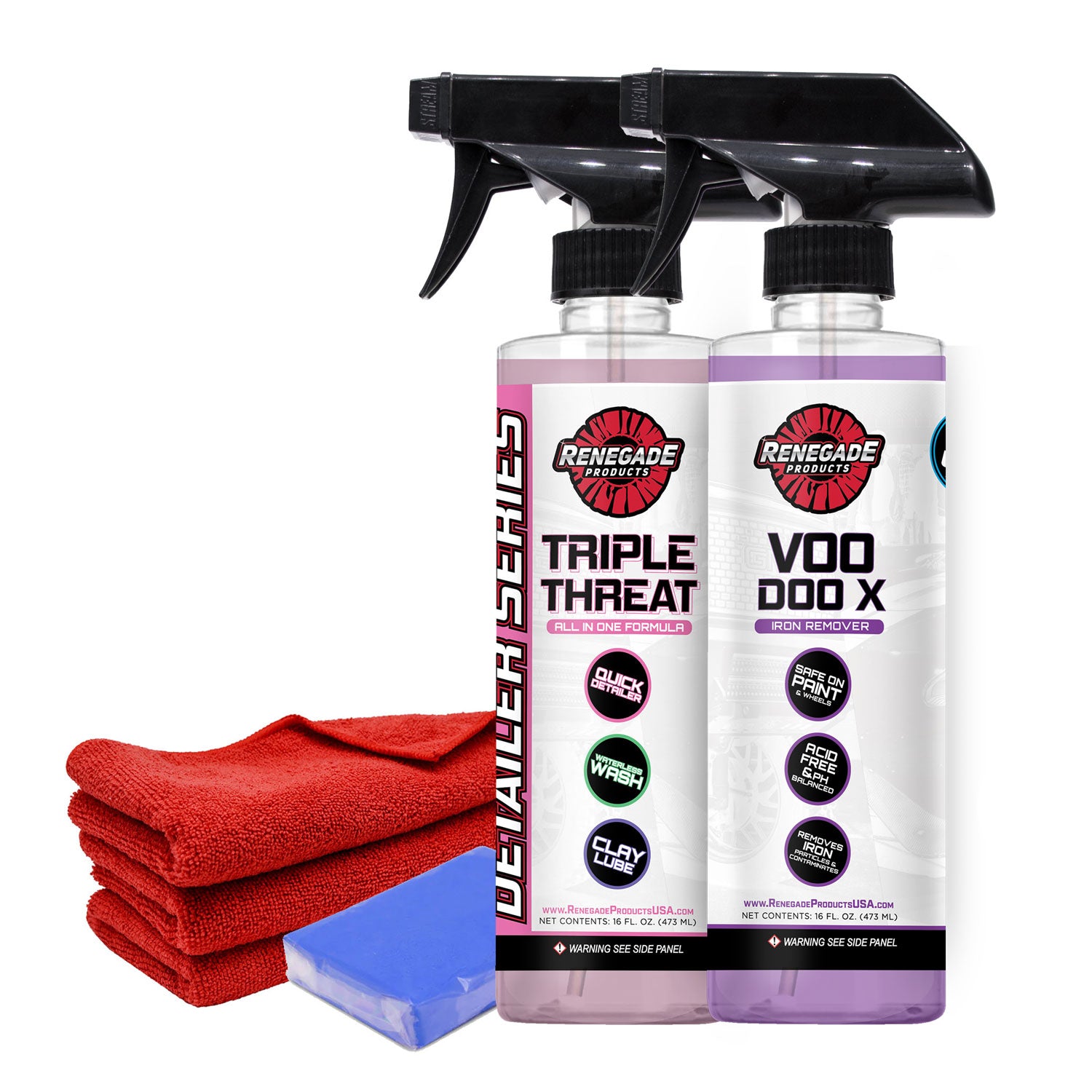 Renegade Paint Decon Kit including Voodoo X Iron Remover and Triple Threat quick detailer clay lube waterless wash, clay bar, and microfiber towels on a white background