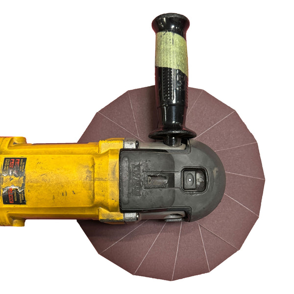 10-inch Renegade Abrasive Pinwheel designed for metal surface preparation, featuring flexible flaps in various grits for detailed work.