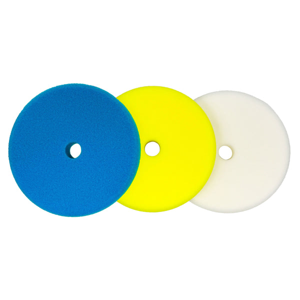 Assorted 6-inch foam pads for metal and paint polishing, displaying various colors and coarseness levels for different surface restoration needs.
