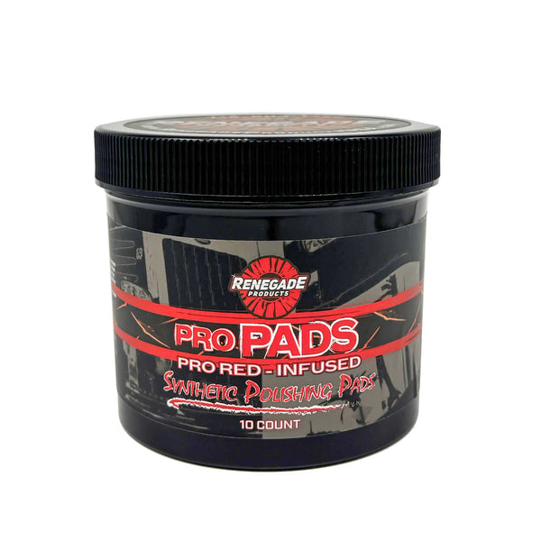 jar of renegade products pro red infused polishing pads on a white background