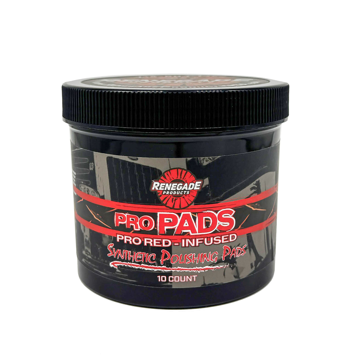 jar of renegade products pro red infused polishing pads on a white background