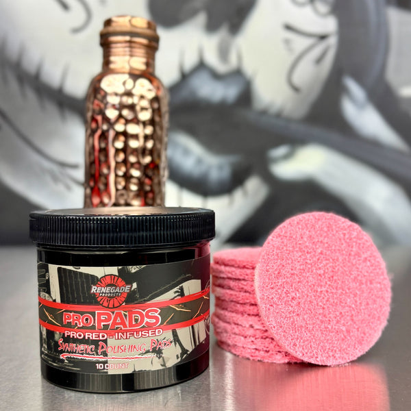image of renegade pro pads and packaging with a polished bottle in front of a graffiti background