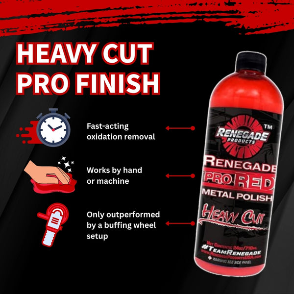 Renegade Pro Red Metal Polish bottle with features on a black background. States fast-acting oxidation removal and usage by hand or with a machine