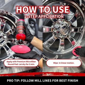 Step-by-step guide on how to use a 2-step application and removal for pro red heavy cut liquid metal polish on a wheel