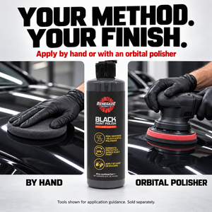 Renegade Black Paint Polish between hand-applicator and orbital-polisher demonstrations on black paint; graphic says tools are sold separately.