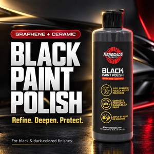 Renegade Graphene + Ceramic Black Paint Polish bottle against glossy black bodywork; graphic reads “Refine. Deepen. Protect.” and “For black & dark-colored finishes.”