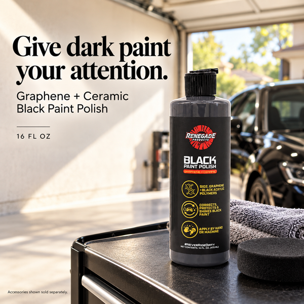 Renegade Black Paint Polish on a garage cart beside a gray towel and black applicator, with a dark vehicle behind; graphic lists 16 fl oz and says accessories are sold separately.