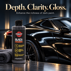 Renegade Black Paint Polish bottle and gray microfiber towel in front of a glossy black coupe; graphic reads “Depth. Clarity. Gloss.” and “Enhance the richness of dark paint.”