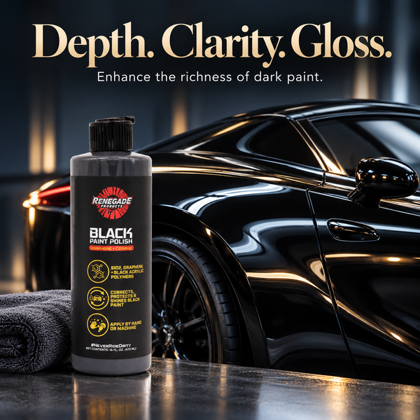 Renegade Black Paint Polish bottle and gray microfiber towel in front of a glossy black coupe; graphic reads “Depth. Clarity. Gloss.” and “Enhance the richness of dark paint.”