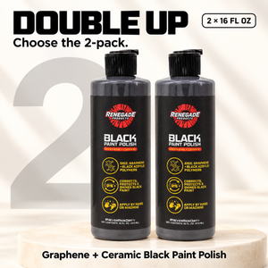Two Renegade Graphene + Ceramic Black Paint Polish bottles on a pale pedestal; graphic reads “Choose the 2-pack” and “2 × 16 FL OZ.”