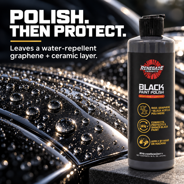 Renegade Black Paint Polish beside water beads on black bodywork; graphic reads “Polish. Then protect.” and says it leaves a water-repellent graphene and ceramic layer.