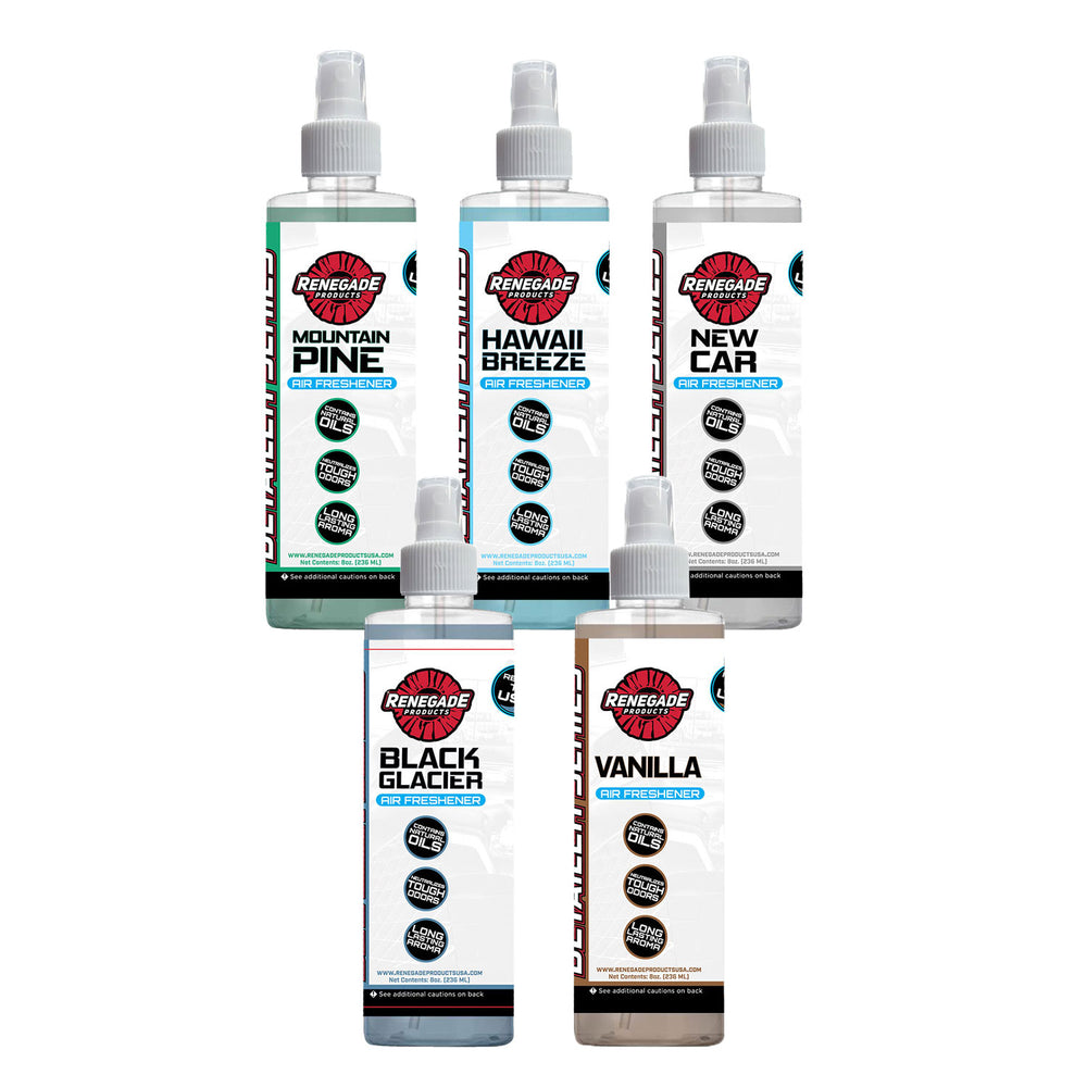 Renegade Air Freshener Bundles including Classic, Fruit & Floral, and Clean collections with various scents displayed on white background.