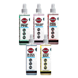 photo of renegade clean air freshener bundle including mountain pine, fresh baby powder, smoke and odor eliminator, black glacier, and lemon bar scents on a white background.