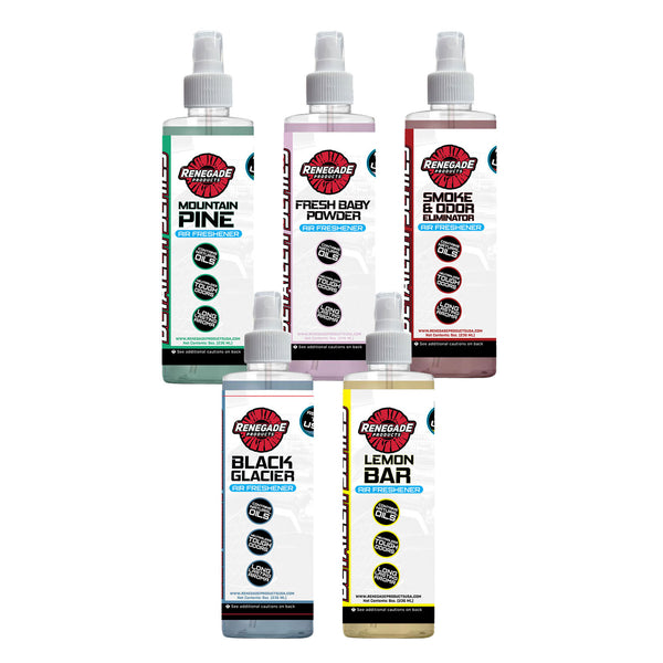 photo of renegade clean air freshener bundle including mountain pine, fresh baby powder, smoke and odor eliminator, black glacier, and lemon bar scents on a white background.