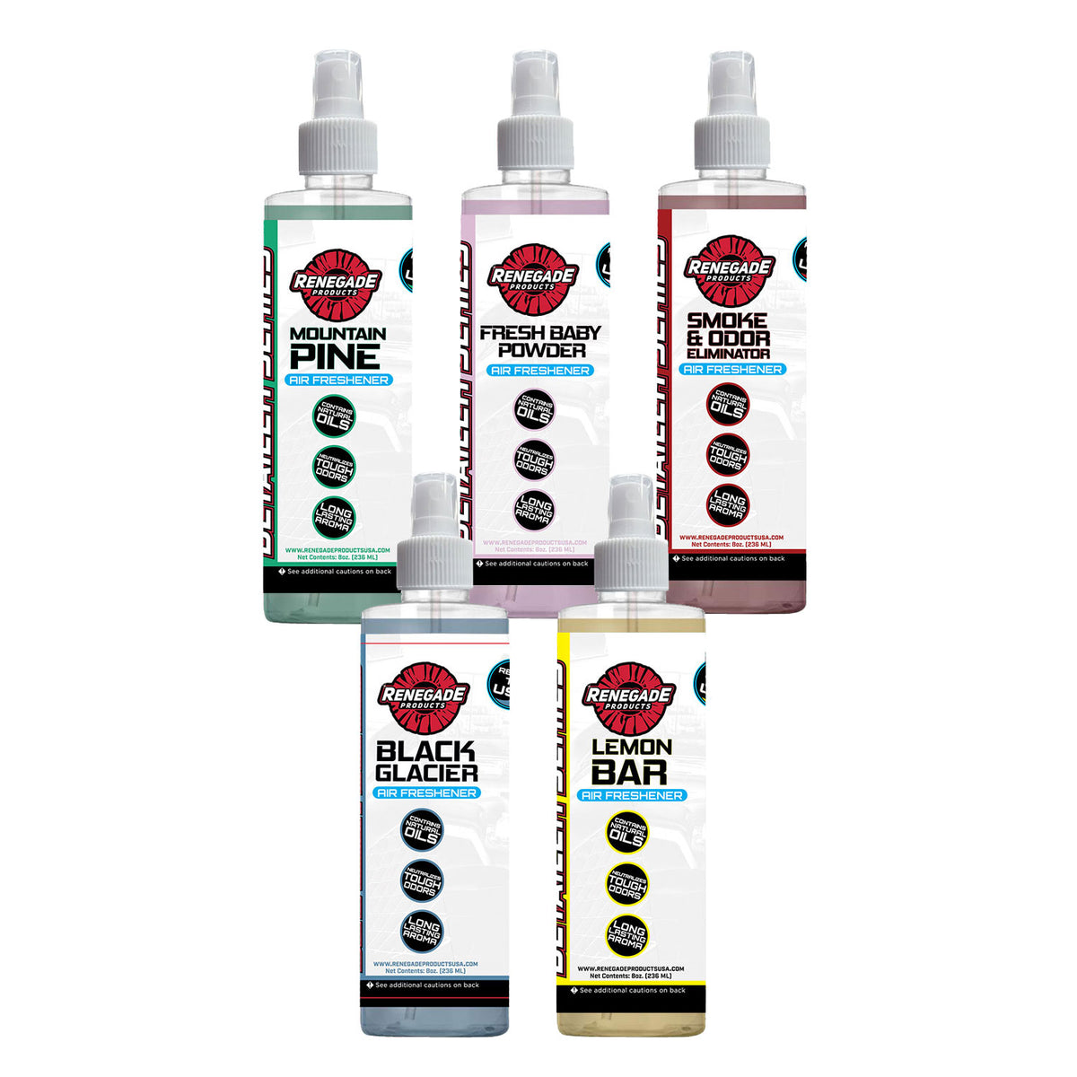 photo of renegade clean air freshener bundle including mountain pine, fresh baby powder, smoke and odor eliminator, black glacier, and lemon bar scents on a white background.
