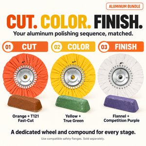 Renegade DIY aluminum chart pairs cut with orange/T121 Fast-Cut, color with yellow/True Green, and finish with flannel/Competition Purple. It says compatible safety flanges are sold separately.