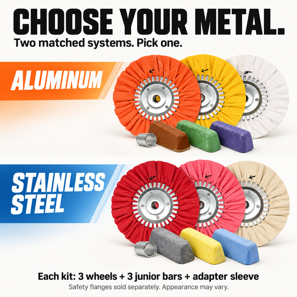 Renegade DIY bundle comparison for aluminum and stainless steel; each option shows three wheels, three compound bars and an adapter sleeve. Graphic notes safety flanges are sold separately.