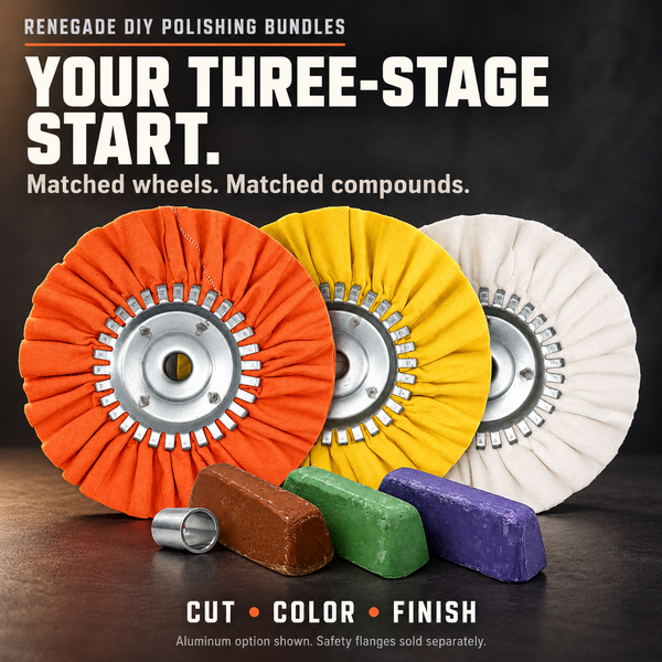 Renegade DIY polishing bundle with orange, yellow and white wheels, brown, green and purple compound bars, and an adapter sleeve; graphic says “Cut • Color • Finish.” Safety flanges sold separately.