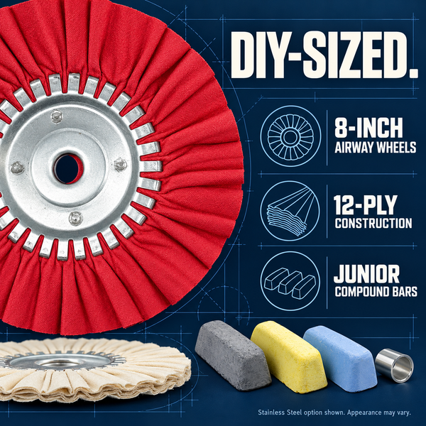 Renegade DIY bundle detail with red and cream wheels, gray, yellow and blue bars, and an adapter sleeve; graphic lists 8-inch airway wheels, 12-ply construction and junior compound bars.
