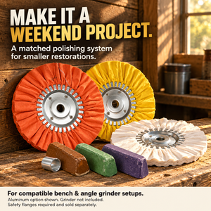 Renegade DIY aluminum polishing wheels, compound bars and adapter sleeve on a wooden workbench; graphic says “Make it a weekend project.” Grinder excluded; required safety flanges sold separately.