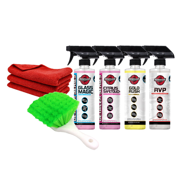 Renegade Essential Cleaning Bundle with citrus safetouch all-purpose cleaner, gold rush quick detailer, rvp dressing, glass magic glass cleaner, microfiber towels, and wheel brush on a white background.