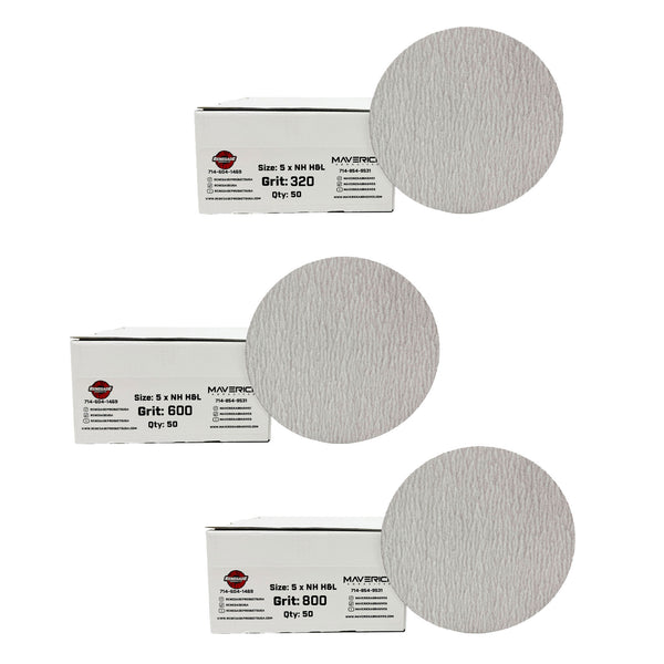 photo of renegade essential sanding bundle including 320, 600, and 800 grit sanding discs. photo shows sanding discs next to packaging on a white background.