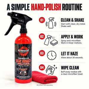 Renegade EZ Red routine: clean and dry metal, shake well, spray onto microfiber, work in linear motions, let haze about 30 seconds and wipe clean. Microfiber sold separately.