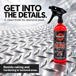 Renegade EZ Red bottle on diamond plate with text stating a clean finish that resists caking and hardening in textured areas.