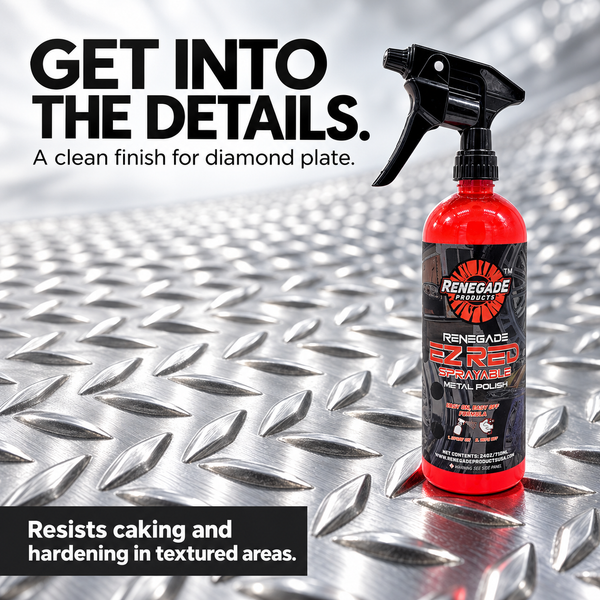 Renegade EZ Red bottle on diamond plate with text stating a clean finish that resists caking and hardening in textured areas.