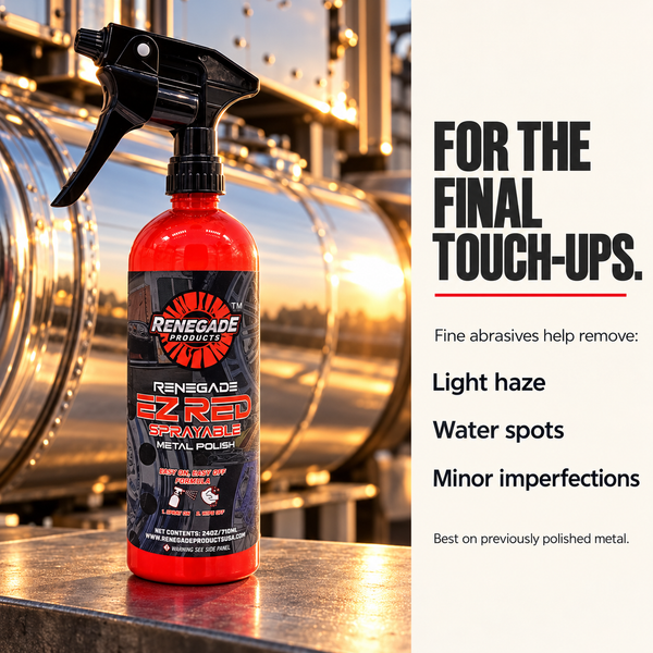 Renegade EZ Red beside a truck fuel tank; the graphic lists light haze, water spots and minor imperfections for final touch-ups on previously polished metal.