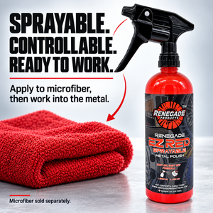 Renegade EZ Red spray bottle and red towel with directions to apply to microfiber, then work into the metal. Microfiber sold separately.