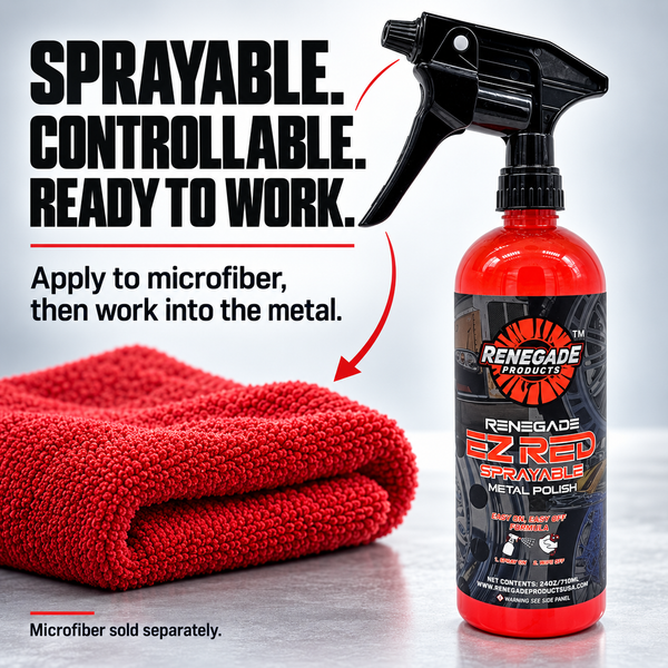 Renegade EZ Red spray bottle and red towel with directions to apply to microfiber, then work into the metal. Microfiber sold separately.