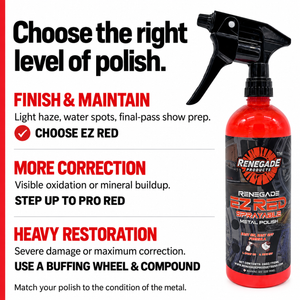 Renegade polish guide: EZ Red for finishing and maintenance, Pro Red for more correction, and a buffing wheel with compound for heavy restoration.