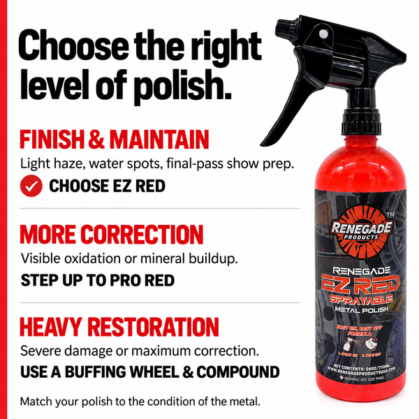 Renegade polish guide: EZ Red for finishing and maintenance, Pro Red for more correction, and a buffing wheel with compound for heavy restoration.