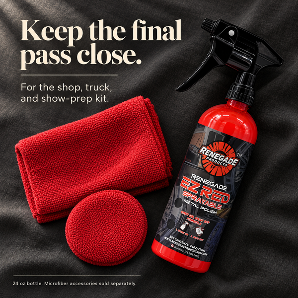Renegade EZ Red 24 oz bottle with a red microfiber towel and round pad for a shop, truck or show-prep kit. Microfiber accessories sold separately.
