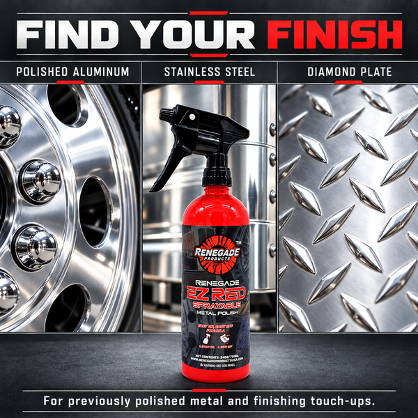 Renegade EZ Red surface guide showing polished aluminum, stainless steel and diamond plate for previously polished metal and finishing touch-ups.