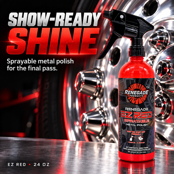 Renegade EZ Red Sprayable Metal Polish, 24 oz bottle beside a polished wheel, with Show-ready shine and final-pass polish text.