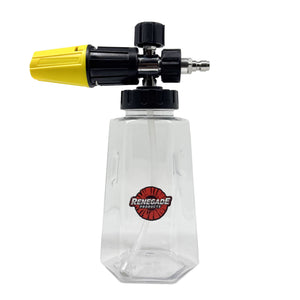 clear renegade products foam cannon with yellow and black nozzle