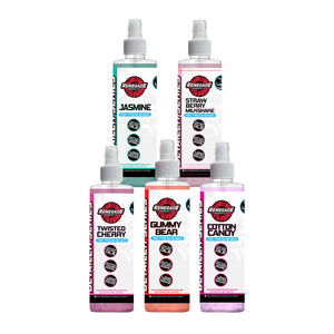 Photo of renegade fruit and floral air freshener bundle including jasmine, strawberry milkshake, twisted cherry, gummy bear, and cotton candy scents on a white background.