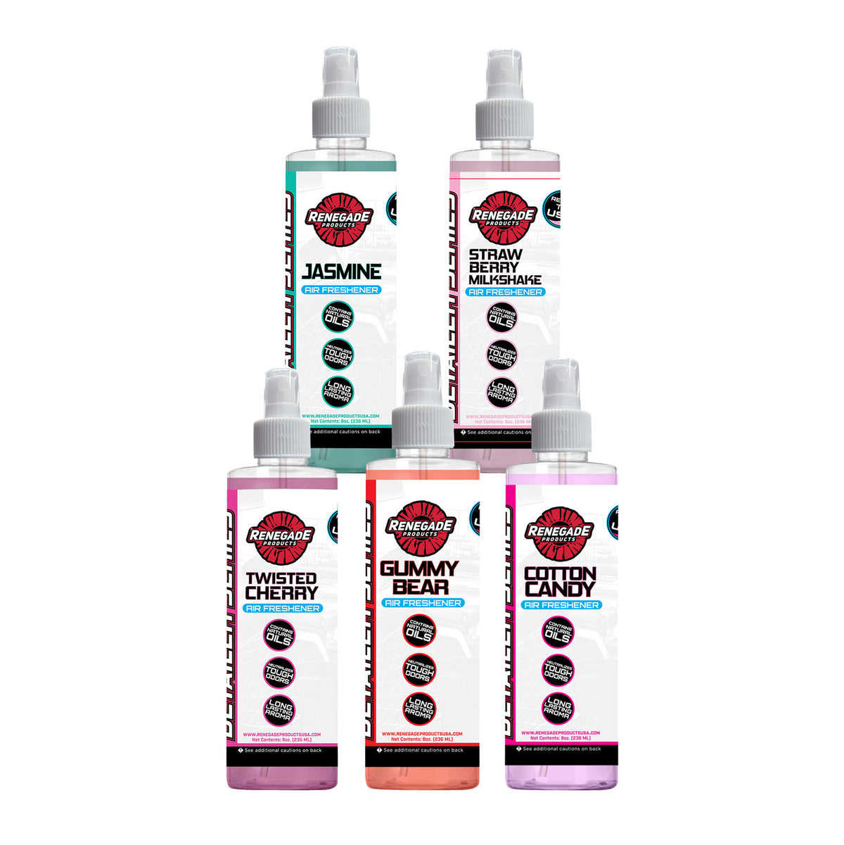 Photo of renegade fruit and floral air freshener bundle including jasmine, strawberry milkshake, twisted cherry, gummy bear, and cotton candy scents on a white background.