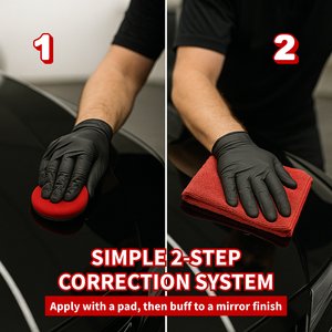 Two-step paint polishing system with a person using a red pad to apply the polish and then a red towel to remove the polish off of a black vehicle.