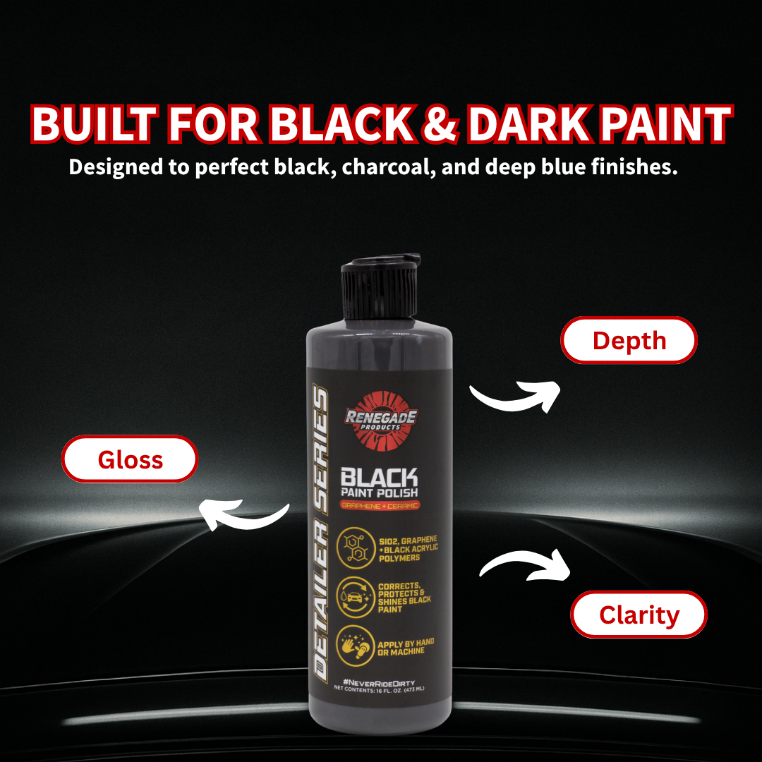 Bottle of Renegade Graphene + Ceramic Black Paint Polish with text highlighting gloss, depth, and clarity on a black background