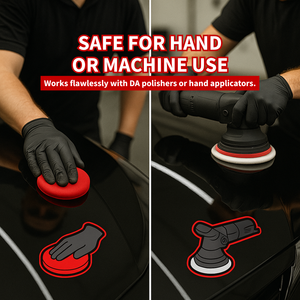 Person using a DA polisher on a car surface with text indicating that the polish can be safely used by hand or with a machine.