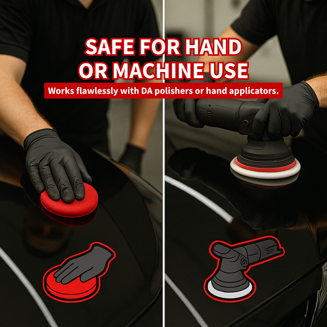 Person using a DA polisher on a car surface with text indicating that the polish can be safely used by hand or with a machine.