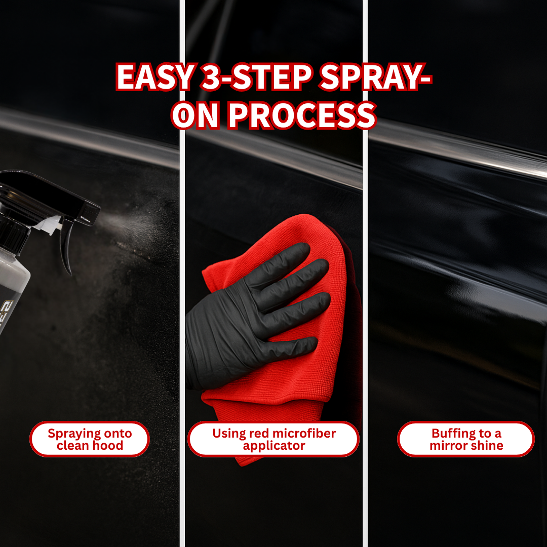 Step-by-step process of the application and removal of renegade graphene + ceramic spray coating, with a red microfiber towel, and black gloves.