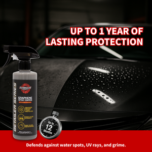 bottle of renegade graphene and ceramic spray coating mentioning up to 1 year of protection against water spots, uv rays, and road grime