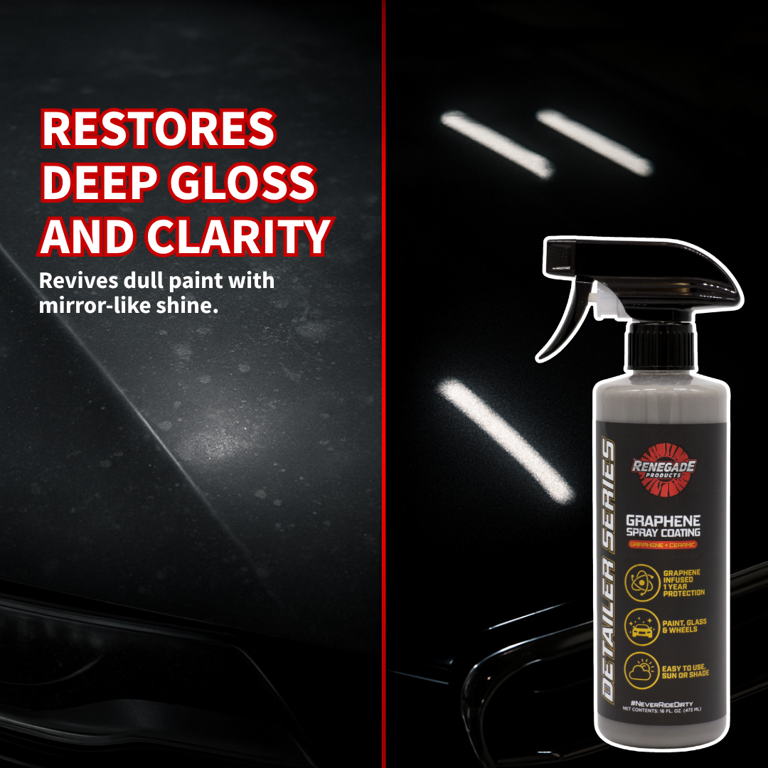 bottle of renegade graphene ceramic spray coating with text highlighting restoration of deep gloss and clarity on a dark background.