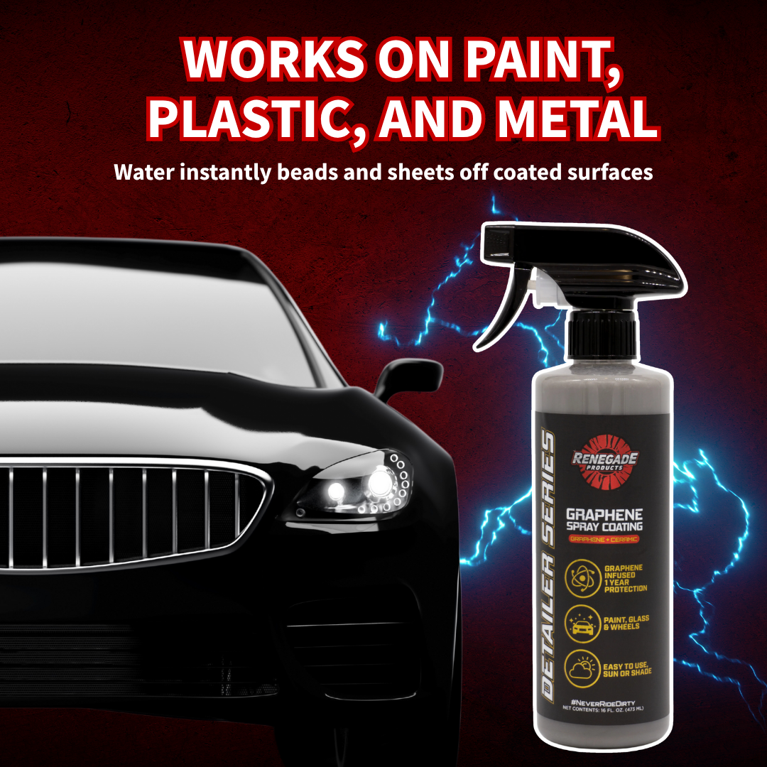 infographic of a black vehicle and renegade graphene and ceramic spray coating and its efficacy on paint, plastic, and metal surfaces