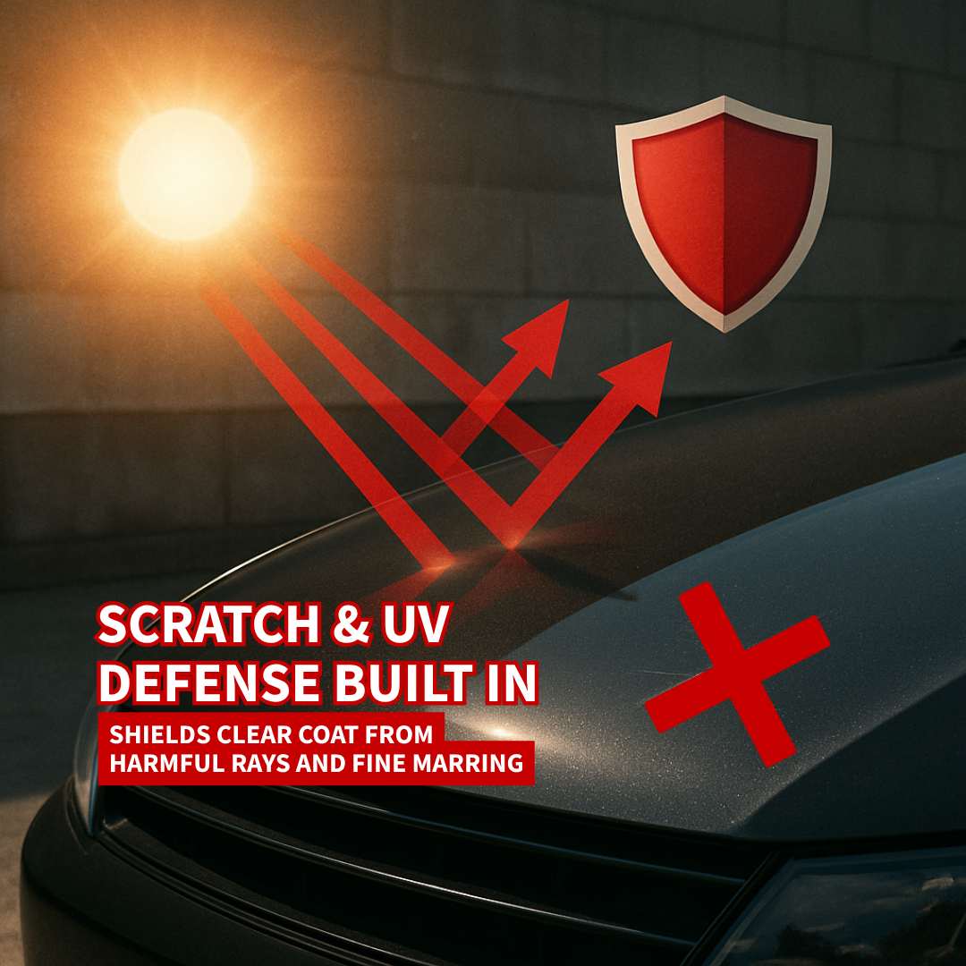 Car hood with scratch and UV defense features of renegade products hydro guard sealant spray highlighted, including a shield icon and text about protecting clear coat from harmful rays.